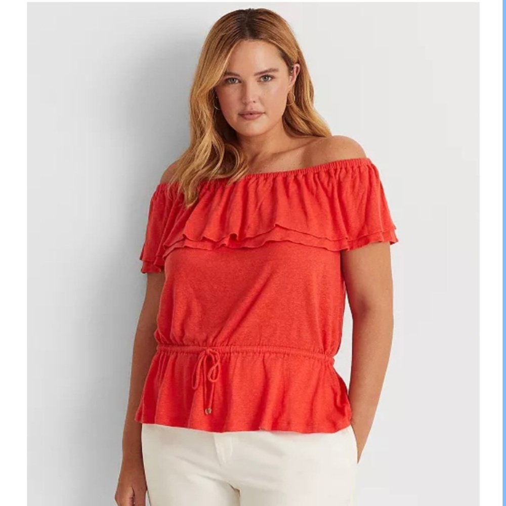 Lauren Ralph Lauren off shoulder peplum waist linen blend coral blouse size 2X